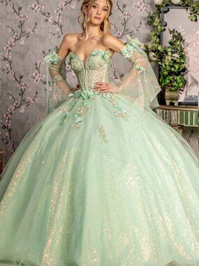 NEW LONG FORMAL FLORAL QUINCEANERA DRESS WITH ILLUSION SWEETHEART NECK GL3486